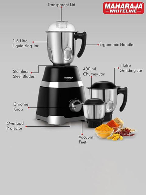 MAHARAJA WHITELINE 1000W Black & Silver Toned 4 Pieces Juicer Mixer Grinder With 3 Jars - Image 5