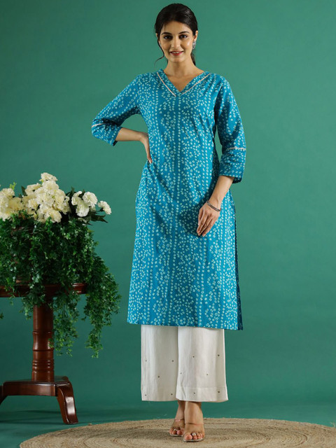 Sangria Blue & White Bandhani Printed V-Neck Cotton Straight Kurtas