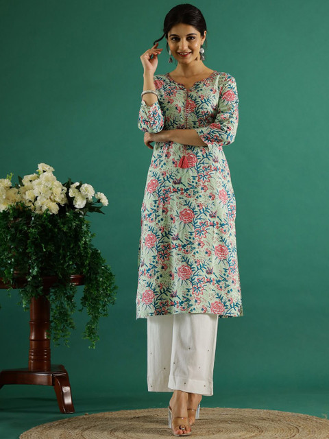Sangria Blue & Pink Floral Printed Nothched Neck Cotton Straight Kurtas