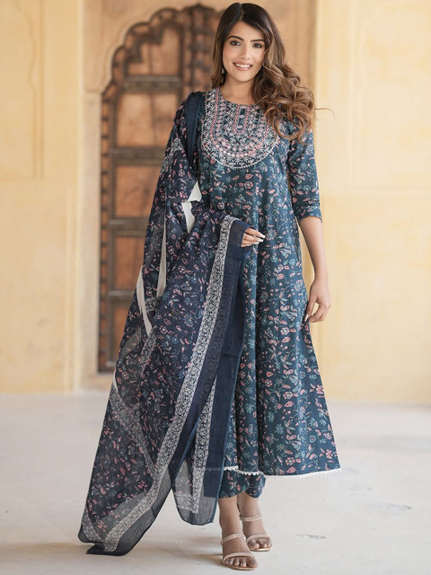 KALINI Floral Embroidered Thread Work Pure Cotton Anarkali Kurta With Trousers & Dupatta