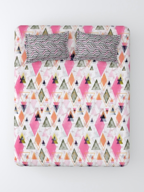 Salona Bichona Pink & White Pure Cotton Fitted 180 TC King Bedsheet with 2 Pillow Covers - Image 2