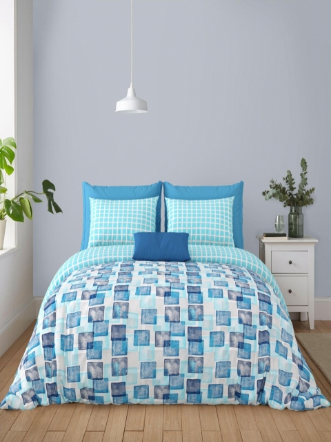 Salona Bichona Blue & White Geometric PureCotton 180 TC King Bedsheet with 2 Pillow Covers - Image 2