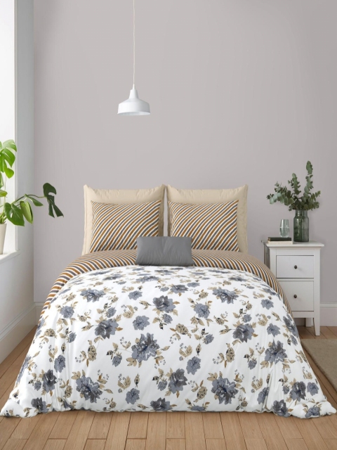 Salona Bichona Grey & White Floral Pure Cotton 180 TC King Bedsheet with 2 Pillow Covers - Image 2