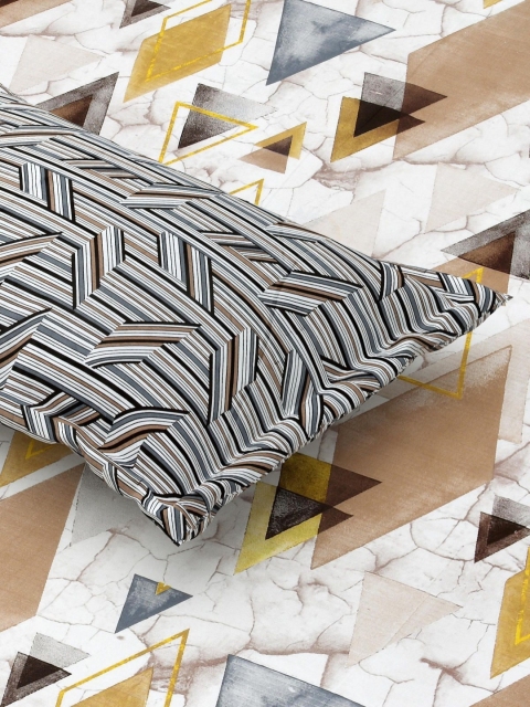 Salona Bichona Brown & White Geometric PureCotton 180 TC King Bedsheet with 2 PillowCovers - Image 4