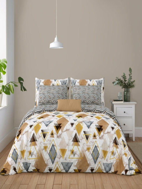 Salona Bichona Brown & White Geometric PureCotton 180 TC King Bedsheet with 2 PillowCovers - Image 2