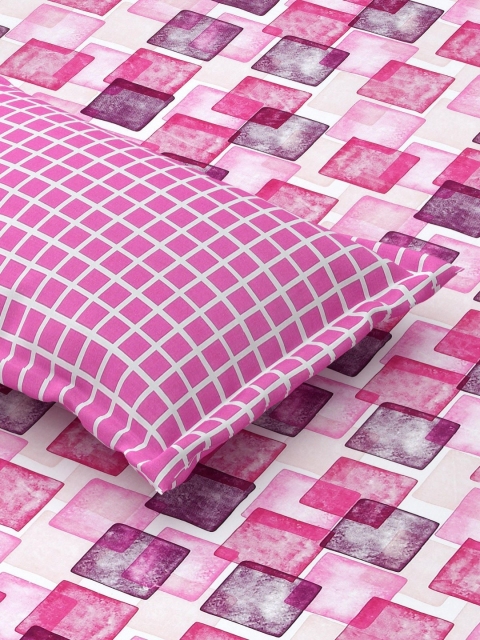 Salona Bichona Pink Geometric Pure Cotton Fitted 180 TC King Bedsheet with 2 Pillow Covers - Image 4