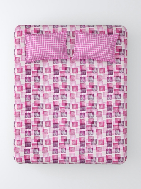 Salona Bichona Pink Geometric Pure Cotton Fitted 180 TC King Bedsheet with 2 Pillow Covers - Image 2