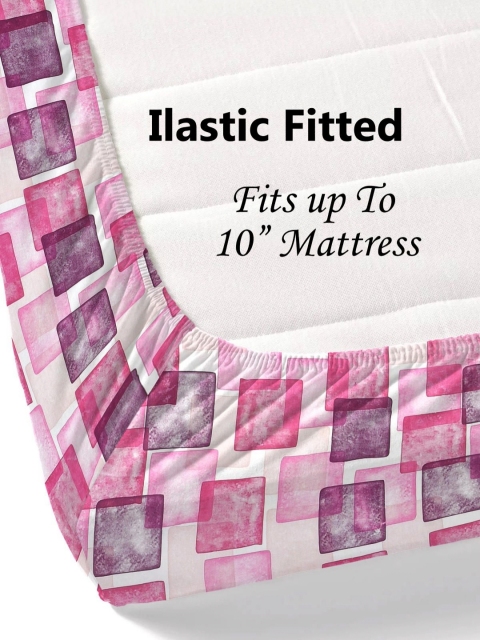 Salona Bichona Pink Geometric Pure Cotton Fitted 180 TC King Bedsheet with 2 Pillow Covers - Image 3