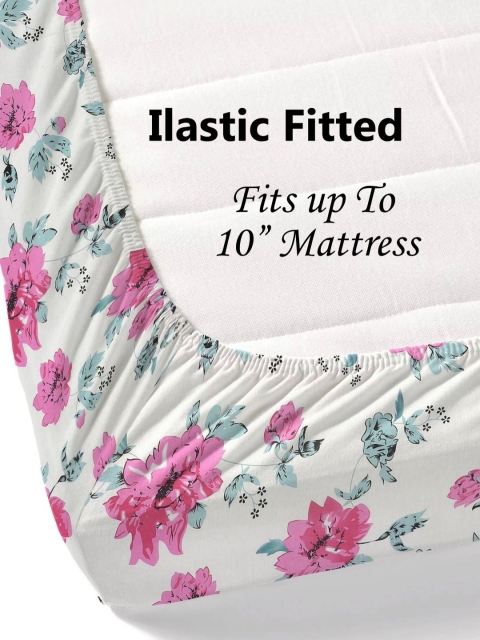 Salona Bichona Pink Floral Pure Cotton Fitted 180 TC King Bedsheet with 2 Pillow Covers - Image 3