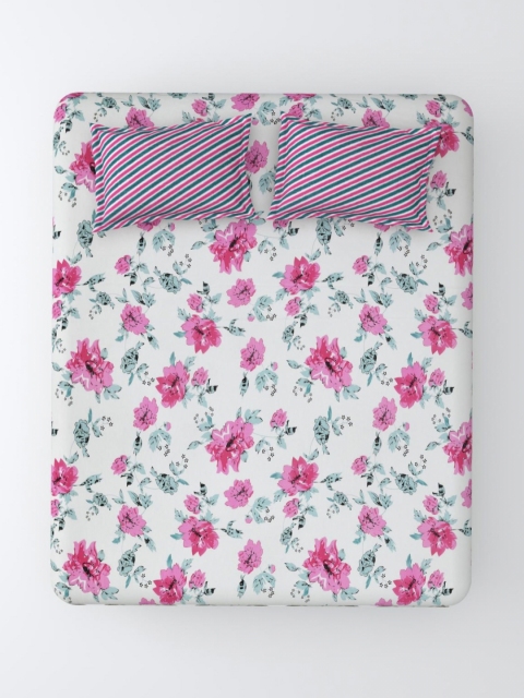 Salona Bichona Pink Floral Pure Cotton Fitted 180 TC King Bedsheet with 2 Pillow Covers - Image 2