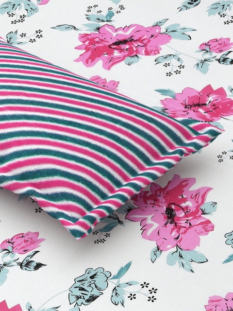 Salona Bichona Pink Floral Pure Cotton Fitted 180 TC King Bedsheet with 2 Pillow Covers - Image 6