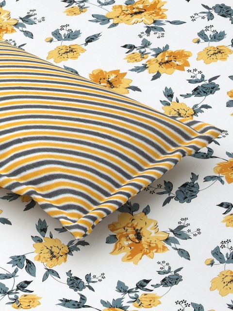 Salona Bichona Brown Floral Pure Cotton Fitted 180 TC King Bedsheet with 2 Pillow Covers - Image 6