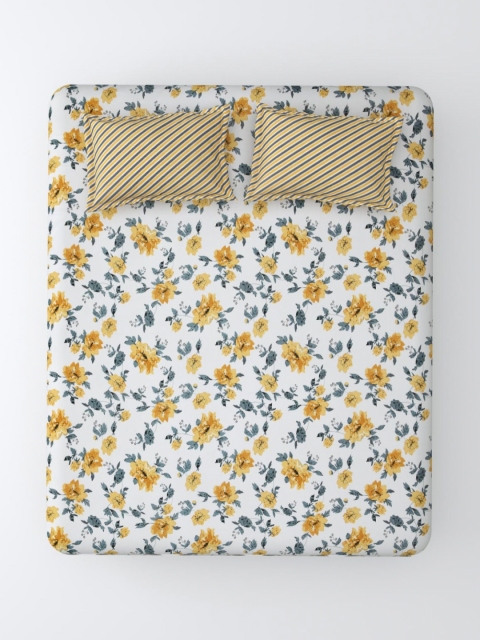 Salona Bichona Brown Floral Pure Cotton Fitted 180 TC King Bedsheet with 2 Pillow Covers - Image 2