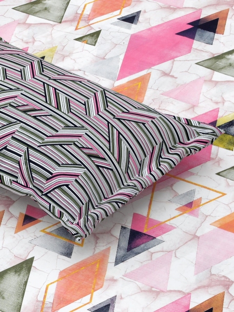 Salona Bichona White & Pink Geometric PureCotton 180 TC King Bedsheet with 2 Pillow Covers - Image 6