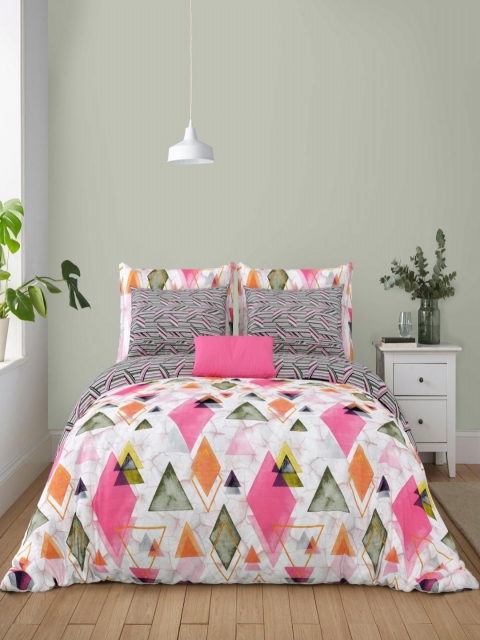 Salona Bichona White & Pink Geometric PureCotton 180 TC King Bedsheet with 2 Pillow Covers - Image 2