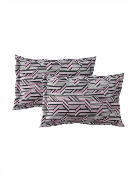 Salona Bichona White & Pink Geometric PureCotton 180 TC King Bedsheet with 2 Pillow Covers - Image 4