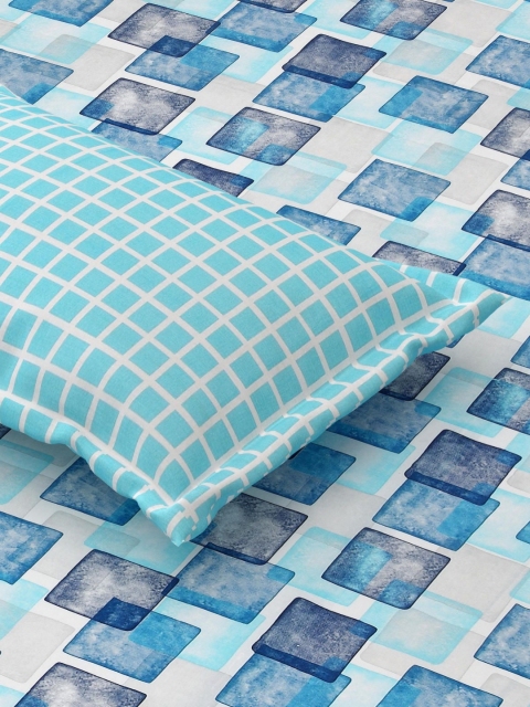 Salona Bichona Blue Geometric Pure Cotton Fitted 180 TC King Bedsheet with 2 Pillow Covers - Image 5