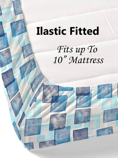 Salona Bichona Blue Geometric Pure Cotton Fitted 180 TC King Bedsheet with 2 Pillow Covers - Image 3