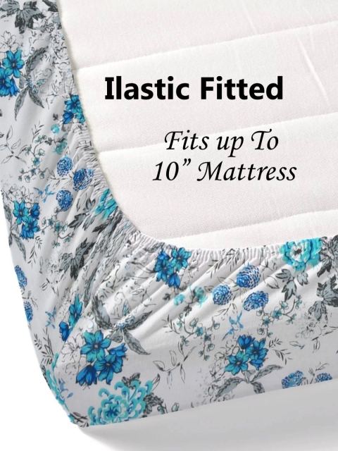 Salona Bichona Blue Floral Pure Cotton Fitted 180 TC King Bedsheet with 2 Pillow Covers - Image 2