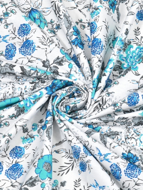 Salona Bichona Blue Floral Pure Cotton Fitted 180 TC King Bedsheet with 2 Pillow Covers - Image 5