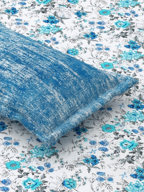 Salona Bichona Blue Floral Pure Cotton Fitted 180 TC King Bedsheet with 2 Pillow Covers - Image 7
