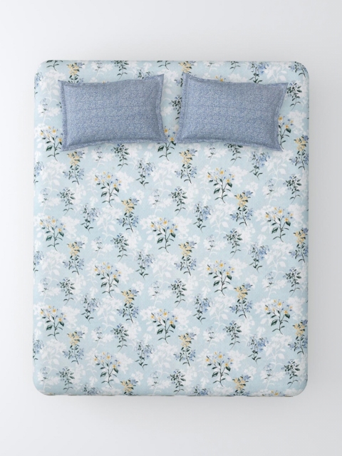 Salona Bichona Blue Floral 180 TC Pure Cotton Fitted King Bedsheet with 2 Pillow Covers - Image 2