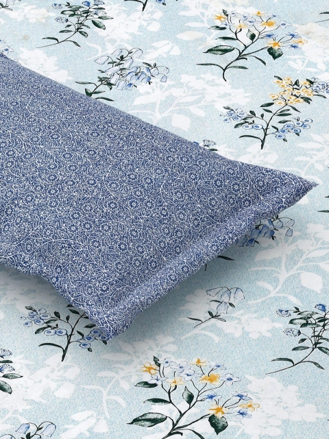 Salona Bichona Blue Floral 180 TC Pure Cotton Fitted King Bedsheet with 2 Pillow Covers - Image 7