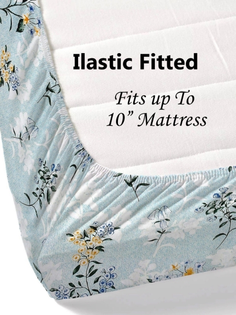 Salona Bichona Blue Floral 180 TC Pure Cotton Fitted King Bedsheet with 2 Pillow Covers - Image 3