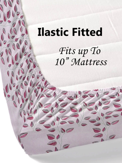 Salona Bichona Purple Floral 180 TC Pure Cotton Fitted King Bedsheet With 2 Pillow Covers - Image 2