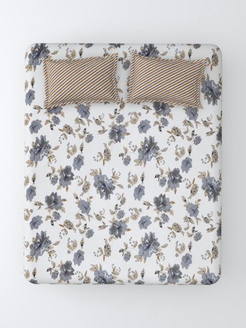 Salona Bichona Grey Printed Fitted 180TC Pure Cotton Double King Bedsheet & 2 Pillow Cover - Image 2