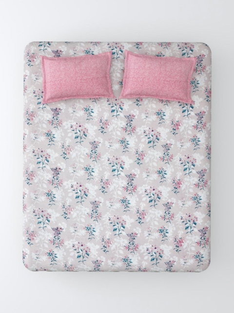 Salona Bichona Pink Printed Fitted 180TC Pure Cotton Double King Bedsheet & 2 Pillow Cover - Image 2