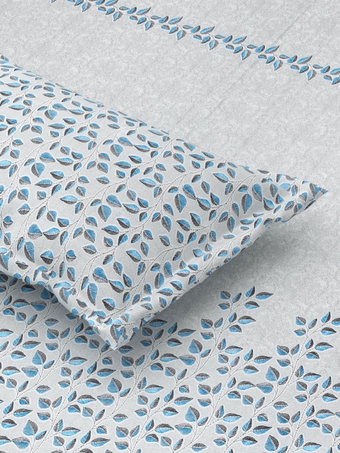 Salona Bichona Blue Printed Fitted 180TC Pure Cotton Double King Bedsheet & Pillow Covers - Image 6