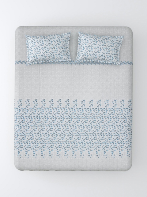 Salona Bichona Blue Printed Fitted 180TC Pure Cotton Double King Bedsheet & Pillow Covers - Image 2