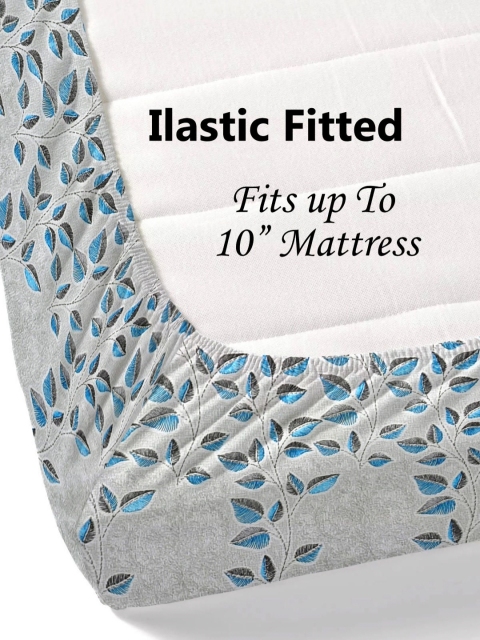 Salona Bichona Blue Printed Fitted 180TC Pure Cotton Double King Bedsheet & Pillow Covers - Image 3
