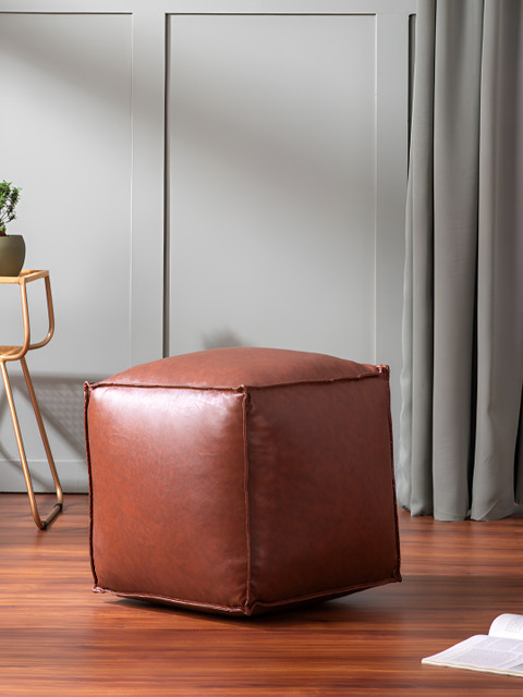 nestroots Brown Faux Leather Pouf Ottomans - Image 2