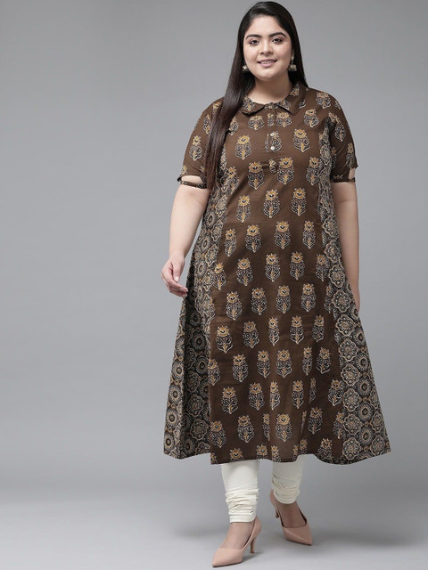 KALINI Plus Size Floral Printed Shirt Collar Cotton A Line Kurta