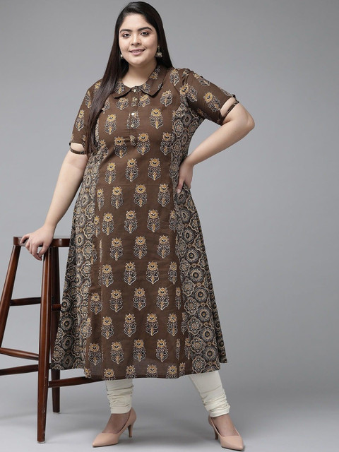 KALINI Plus Size Floral Printed Shirt Collar Cotton A Line Kurta - Image 5