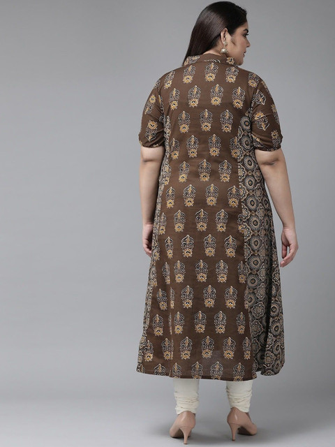 KALINI Plus Size Floral Printed Shirt Collar Cotton A Line Kurta - Image 4