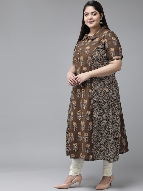 KALINI Plus Size Floral Printed Shirt Collar Cotton A Line Kurta - Image 3