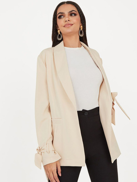 Styli Women Notched Lapel Tie Cuff Sleeves Regular Length Oversized Blazer