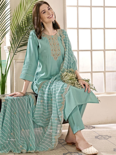 Anouk Women Ethnic Motifs Yoke Design Regular Thread Work Kurta with Trousers & With Dupatta