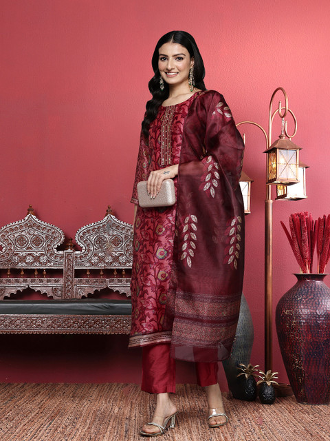 Varanga Maroon Floral Printed Beads and Stones Straight Kurta with Trousers & Dupatta