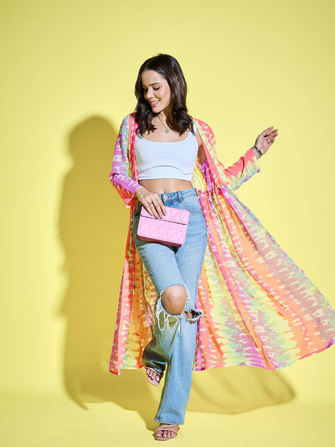 ANVI Be Yourself Women Printed Longline Tie-Up Shrug