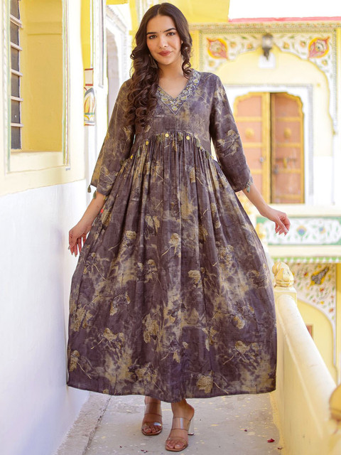 VASVI Embroidered Flared Midi Ethnic Dress