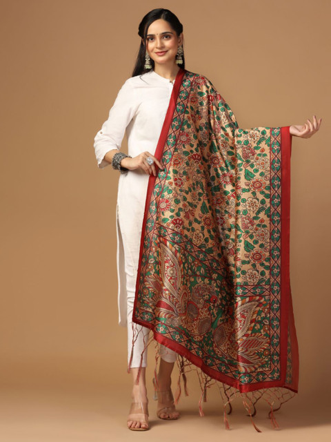 Kaizen TEXO FAB Printed Kalamkari Tasselled Silk Dupatta with Thread Work