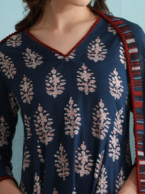 Khushal K Ethnic Motifs Printed V-Neck Pure Cotton A-Line Kurta with Palazzos & Dupatta - Image 7