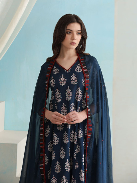 Khushal K Ethnic Motifs Printed V-Neck Pure Cotton A-Line Kurta with Palazzos & Dupatta - Image 2