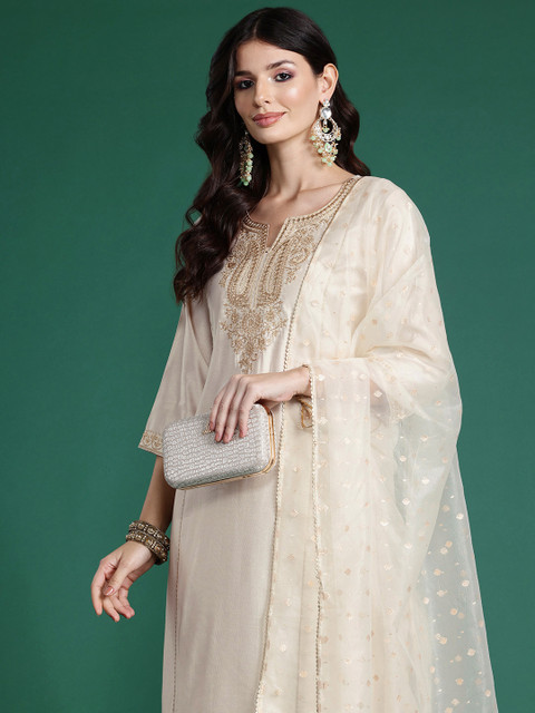 Indo Era Plus Size Ethnic Motifs Embroidered Panelled Liva Kurta Set