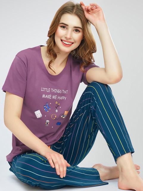 Zeyo Round Neck Short Sleeves Printed Pure Cotton Night suit