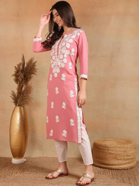 KALINI Floral Embroidered Notch Neck Chikankari Straight Kurta - Image 3
